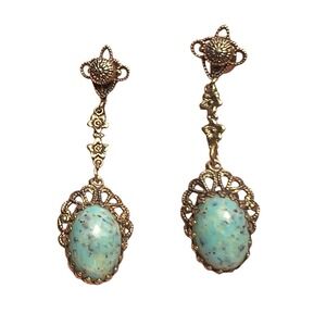 Vtg Robins Egg Glass Cabochon Gold Tone Patented Screw Back Dangle Earrings